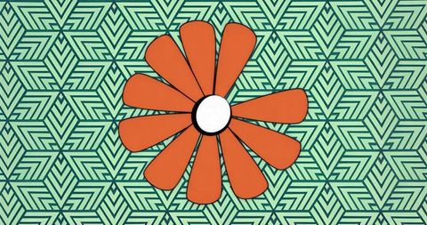 Featuring orange flower graphic centering on mint green and teal geometric pattern bold decorative