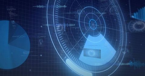 Futuristic blue radar hud interface displaying scanning sector and data analytics dashboard