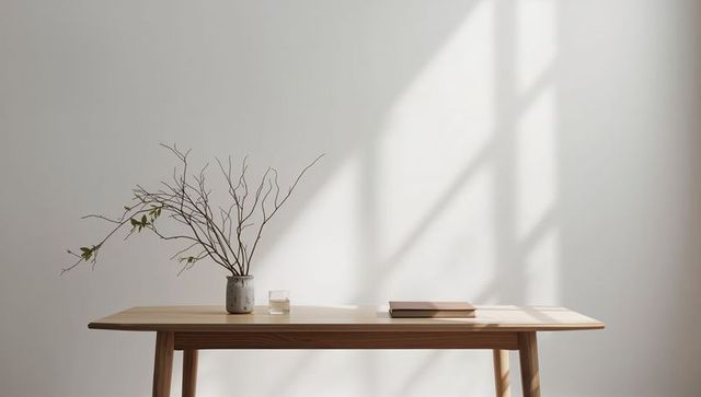 Soft sunlight streaming across minimal wooden table with ceramic vase and notebook