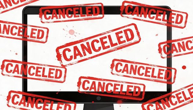 Monitor covered with red canceled stamps, distressed ink splatter and censorship concept