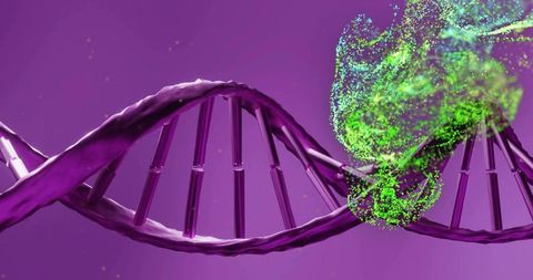 Animating purple DNA double helix interacting with green luminescent particle cloud