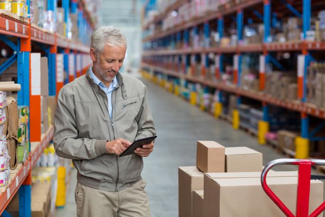 Senior warehouse manager using digital tablet for efficient inventory management and logistics. Ideal for illustrating modern warehousing practices, technology in logistics, and management in the supply chain industry.