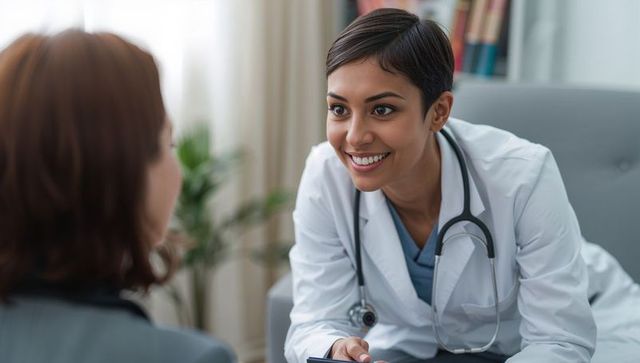 Female Doctor Smiling While Consulting Patient in Clinic with Stethoscope