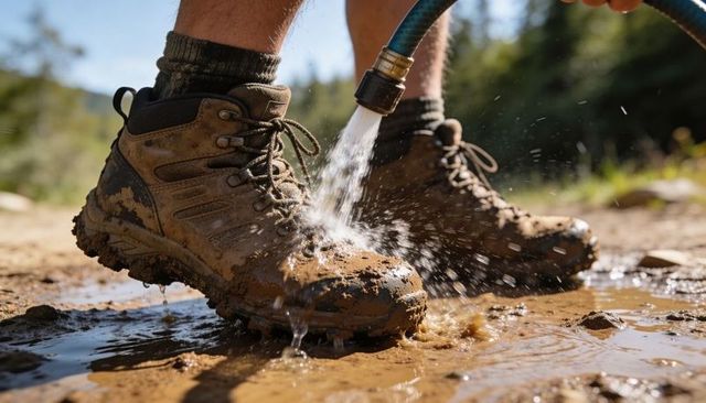 Rinsing muddy hiking boots on mountain trail with hose splashing water
