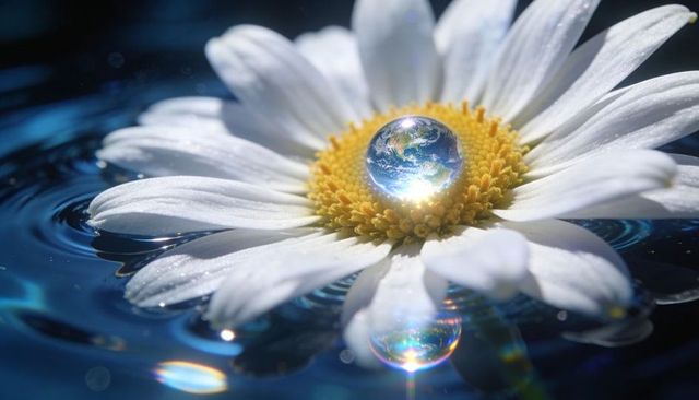 Daisy floating on shimmering blue water holding earth droplet reflecting sunlight