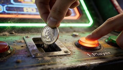 Inserting 1997 quarter into retro arcade coin slot while pressing 1 player neon button