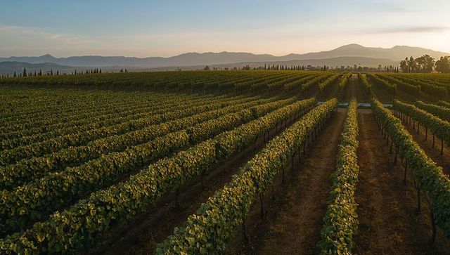 Vines stretching across sunset vineyard with mountain silhouettes and neat rows