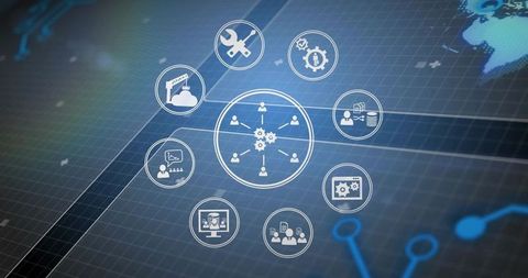 Central network hub connecting industrial iot nodes on neon grid dashboard visualization