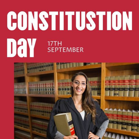 A smiling biracial female attorney standing confidently in front of law books, celebrating Constitution Day. She holds a legal book, with shelves of law volumes in the background, symbolizing knowledge and professionalism. Ideal for use in articles or promotions about legal professions, Constitution Day events, or educational materials related to law and governance.