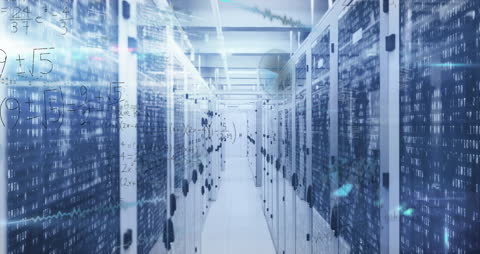 Futuristic Digital Interface Overlaying Server Room Data Process