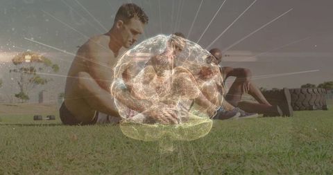 Men Exercising Outdoors with Futuristic Brain Overlay