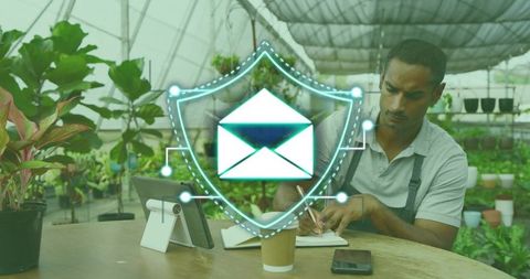 Greenhouse gardener protecting digital communications while organizing nursery records
