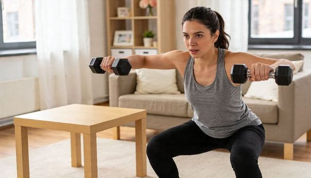 Woman doing squat with dumbbells in sunlit living room home fitness strength training