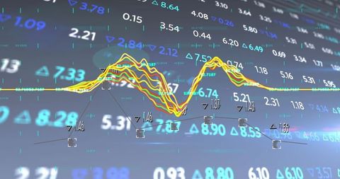 Colorful changing data graph with numeric markers on technology background