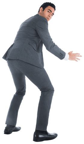 Serious businessman crouching back view transparent background