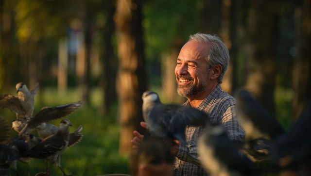 Smiling senior man feeding pigeons in sunlit park during golden hour, serene senior moment
