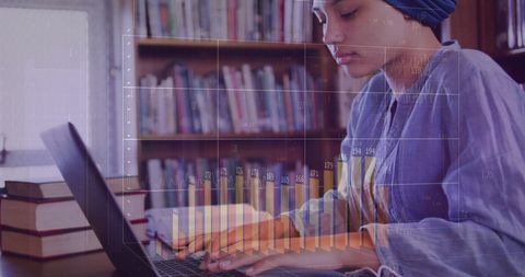 Female Student Engaged with Tech and Statistics Analysis