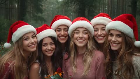 Joyful Friends in Santa Hats Celebrating in Forest