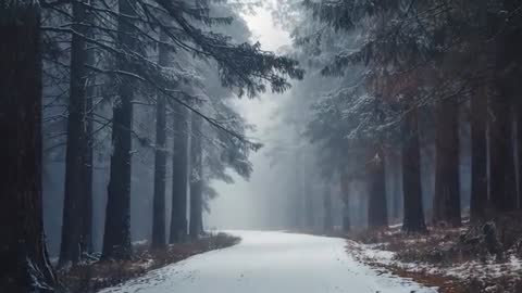 Cinematic camera push revealing snowy forest trail with mist thinning and branches swaying
