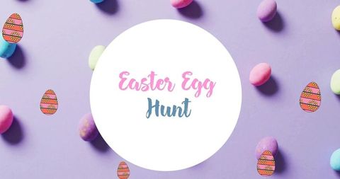 Easter egg hunt badge with pastel candy eggs and sticker details on lavender surface