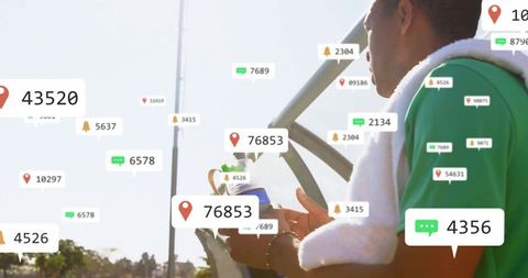 Athlete Monitoring Smartphone at Sideline with Fitness Data Icons