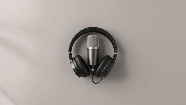 Headphones cradling condenser microphone on neutral beige backdrop for podcast branding