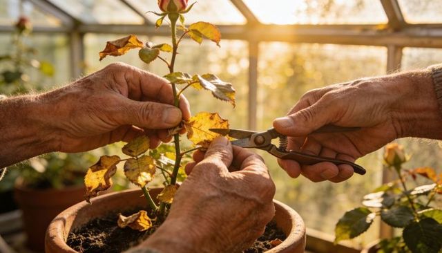 Senior hands trimming damaged rose leaves in sunlit greenhouse with pruning shears