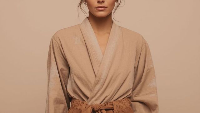 Elegant woman in neutral kimono-style top