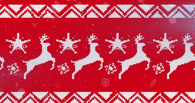 Captivating seamless pattern featuring reindeer knitted design on red background accented with snowflakes, iconic for Christmas and winter holidays. Ideal for holiday decorations, greeting cards, wrapping paper, textiles design, and festive digital backgrounds and invitations.