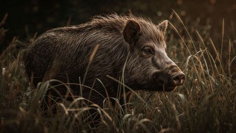 Wild Boar Observing Difficult Wildlife in Lush Forest Clearing