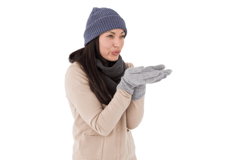 Transparent image of woman in winter attire blowing kiss