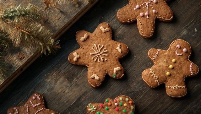 Handcrafted Gingerbread Cookies on Rustic Table with Holiday Decor