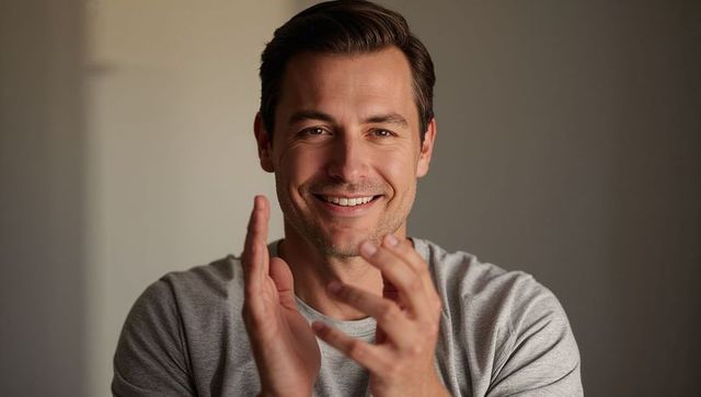 Smiling adult man applauding and gesturing in light gray t-shirt closeup portrait