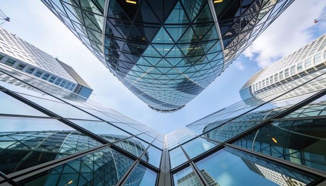 Low-angle glass tower reflecting surrounding skyscrapers with diamond facade urban canyon perspectiv