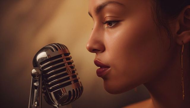 Sultry bare-shouldered vocalist leaning into vintage microphone, cinematic studio closeup