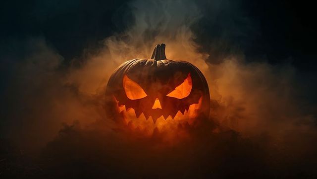 Glowing jack-o'-lantern emanating light in foggy atmosphere