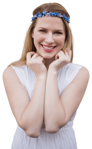Smiling Woman Wearing Floral Headband on Transparent Background