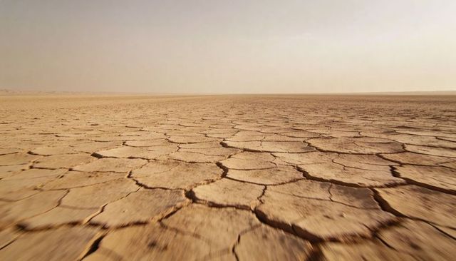 Cracked clay dry lake bed stretching to horizon with polygonal arid drought patterns