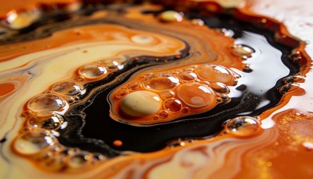 Macro abstract marbling with glossy orange black bubbles, metallic flecks and liquid spheres