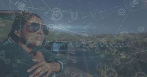 Traveler Contemplating Adventure with Digital Firewall Concept Overlay