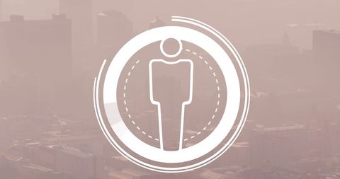 Male restroom icon overlay on foggy cityscape