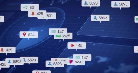 Displaying dense cluster of social notifications and analytics on futuristic digital grid