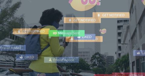 Woman Navigating Urban Setting with Social Media Engagement Icons