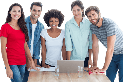 Five young professionals standing around a table with a laptop, all smiling and embodying enthusiasm. This transparent backdrop presents an ideal example interface for projects related to teamwork, collaboration, inclusiveness, and office culture. Perfect for illustrating company profiles, professional networking services, and team-building workshops.