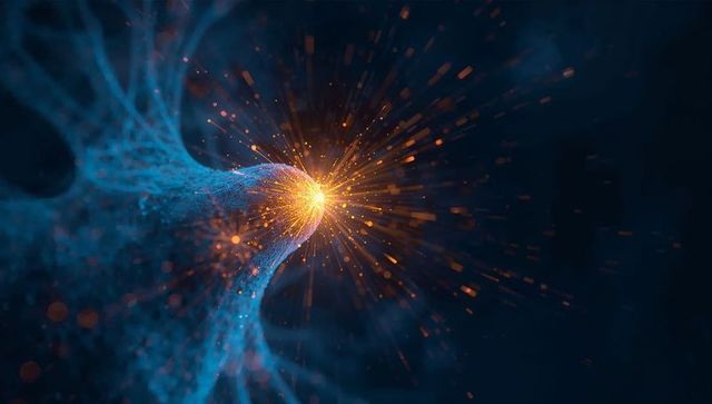 Neon neural node emitting golden particles and radial light bursts over porous mesh