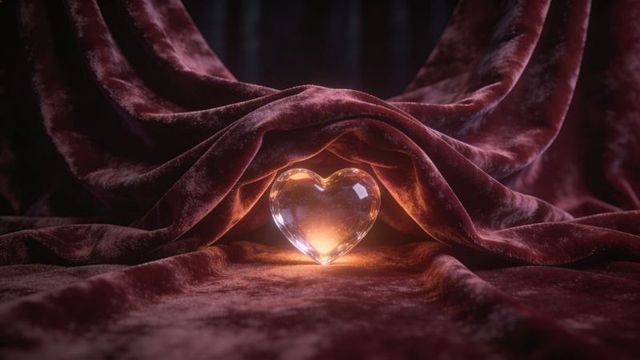 Glowing glass heart radiating warm light on soft crushed burgundy velvet drapes