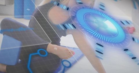 Blonde woman practicing yoga and stretching on blue mat with futuristic hud overlay