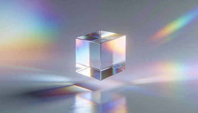 Levitating glass prism cube refracting pastel light, casting iridescent caustics