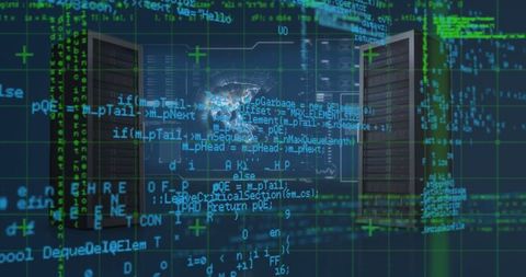 Virtual data center with server racks and digital interface