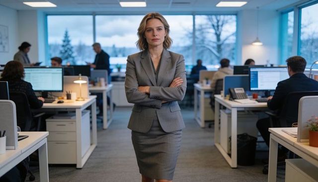 Confident female executive standing with arms crossed in modern open-plan office